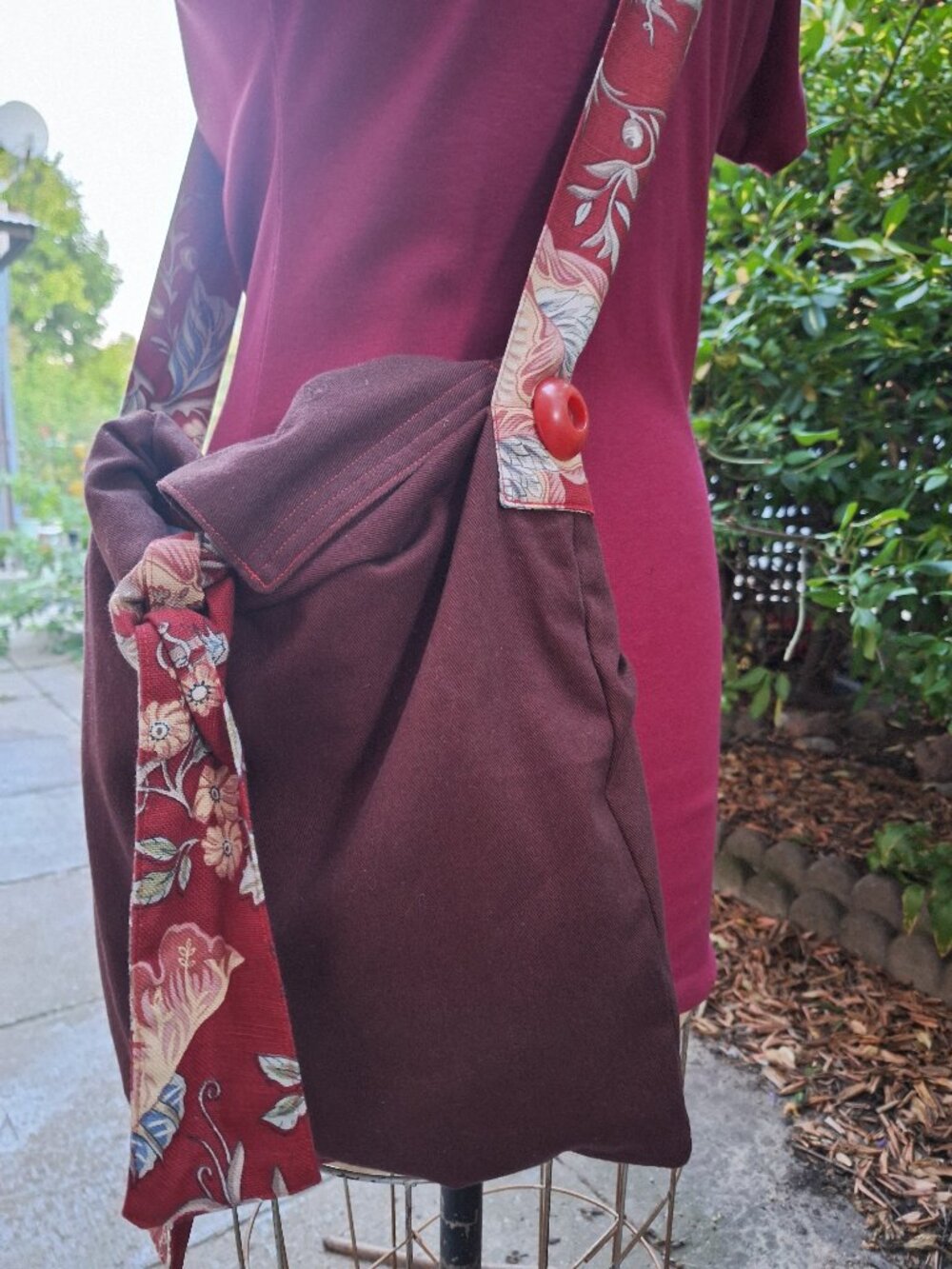 One-of-a-Kind Purse Red Floral Burgundy Grey with Vintage Buttons Sharon Dawn